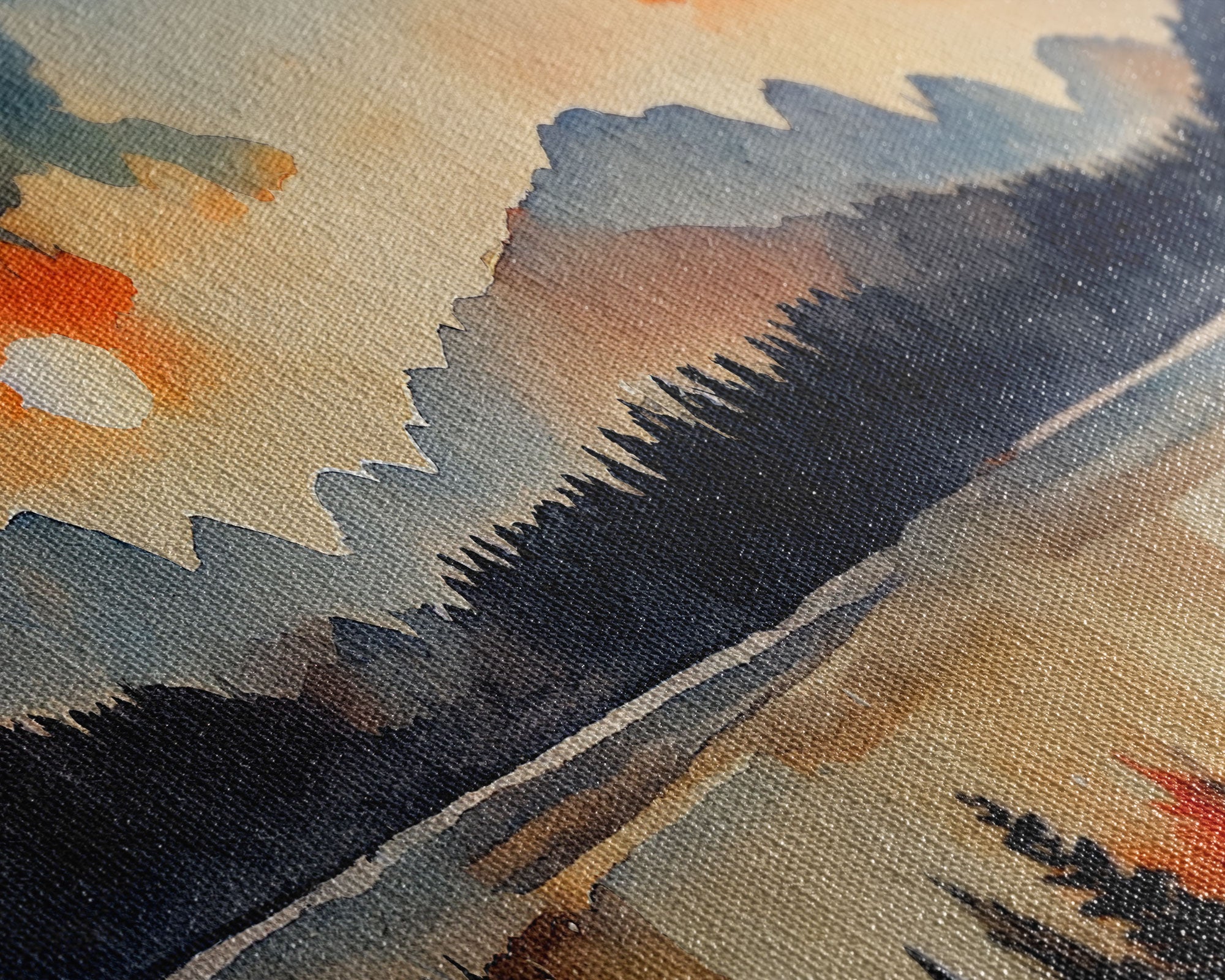 Watercolor Painting Of A Sunrise, Orange Forest and Mountain Landscape, 3 Piece Canvas Decor, 3 Piece Wall Art, Ready To Hang Canvas Prints