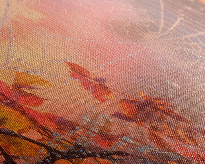 Dew Covered Spiderweb In The Fall, Framed Canvas Print, Autumn Centerpiece, Fall Leaves In The Autumn