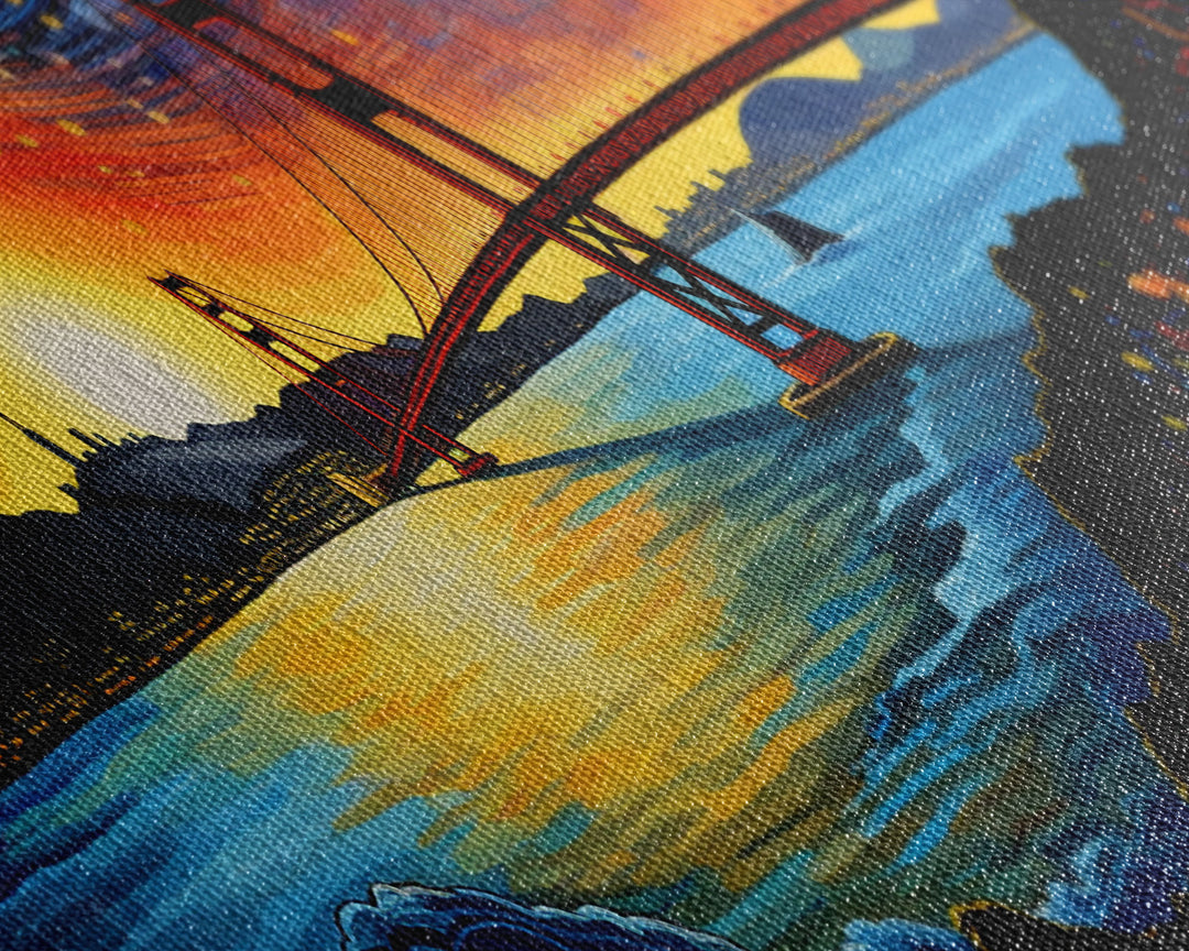 Golden Gate Bridge Abstract Panoramic Framed Canvas Print, Van Gogh Inspired Original Painting, Colorful California Wall Art