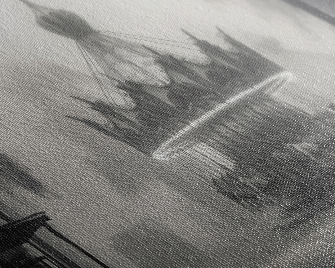 Creepy Carousel / Merry Go Round Wall Art, Framed Canvas Print, Black And White Art