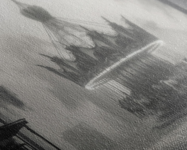 Creepy Carousel / Merry Go Round Wall Art, Framed Canvas Print, Black And White Art