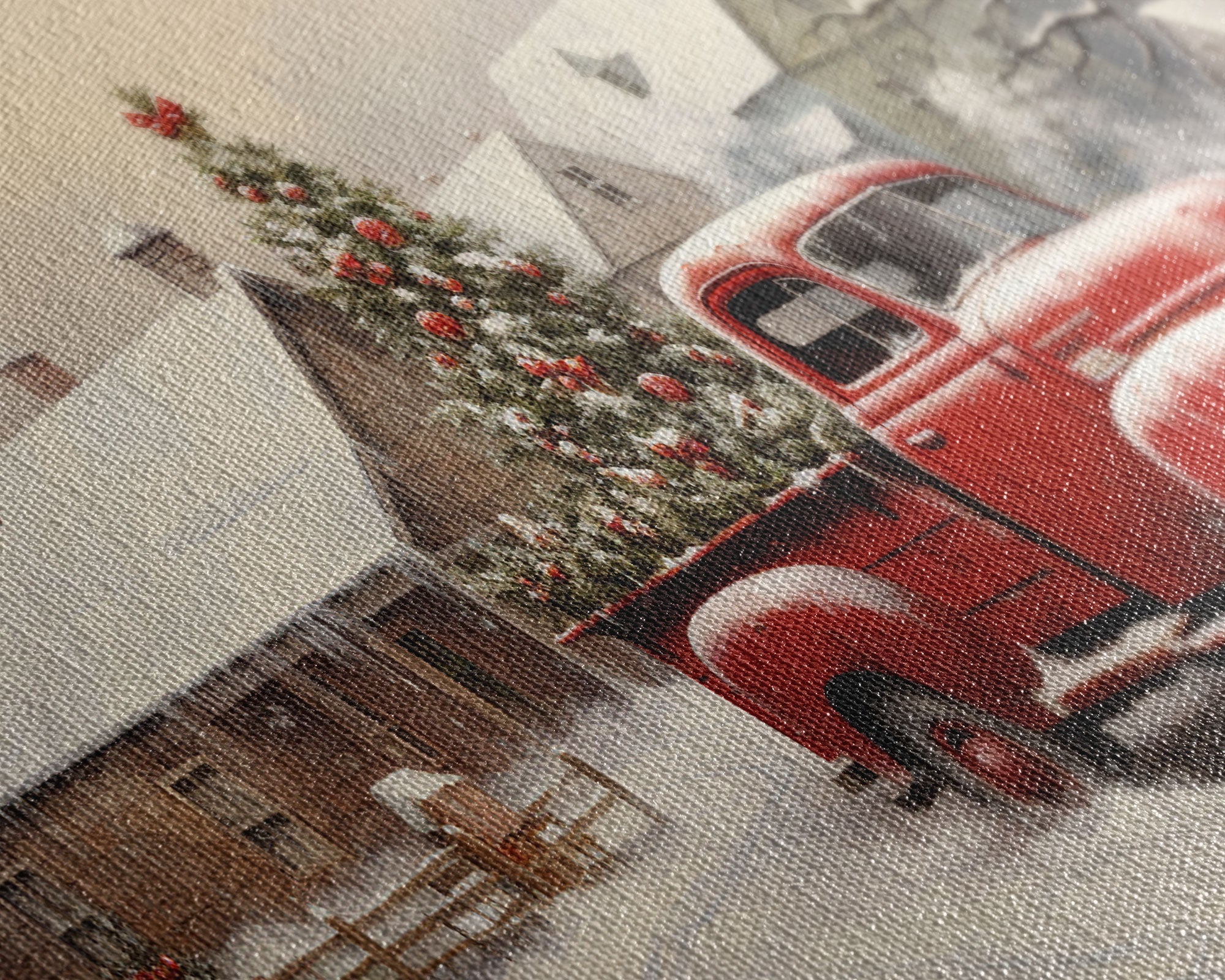 Vintage 1950s Red Truck Delivering Christmas Trees In The Snow - Framed Canvas Print - Farmhouse Christmas Decor - Retro Christmas