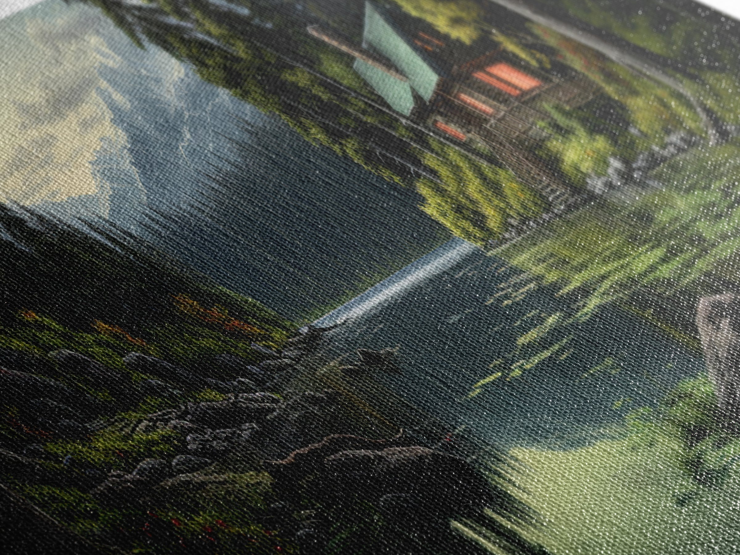 Cozy Cabin on The Lake, Framed Canvas Print, Farmhouse Decor, Landscape Painting, Unique Wall Art