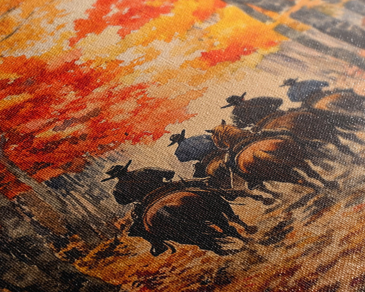 Cowboys Riding Into Town On Thanksgiving, Western Fall Decor, Framed Canvas Print, Autumn Outdoor Decor, Christmas poster