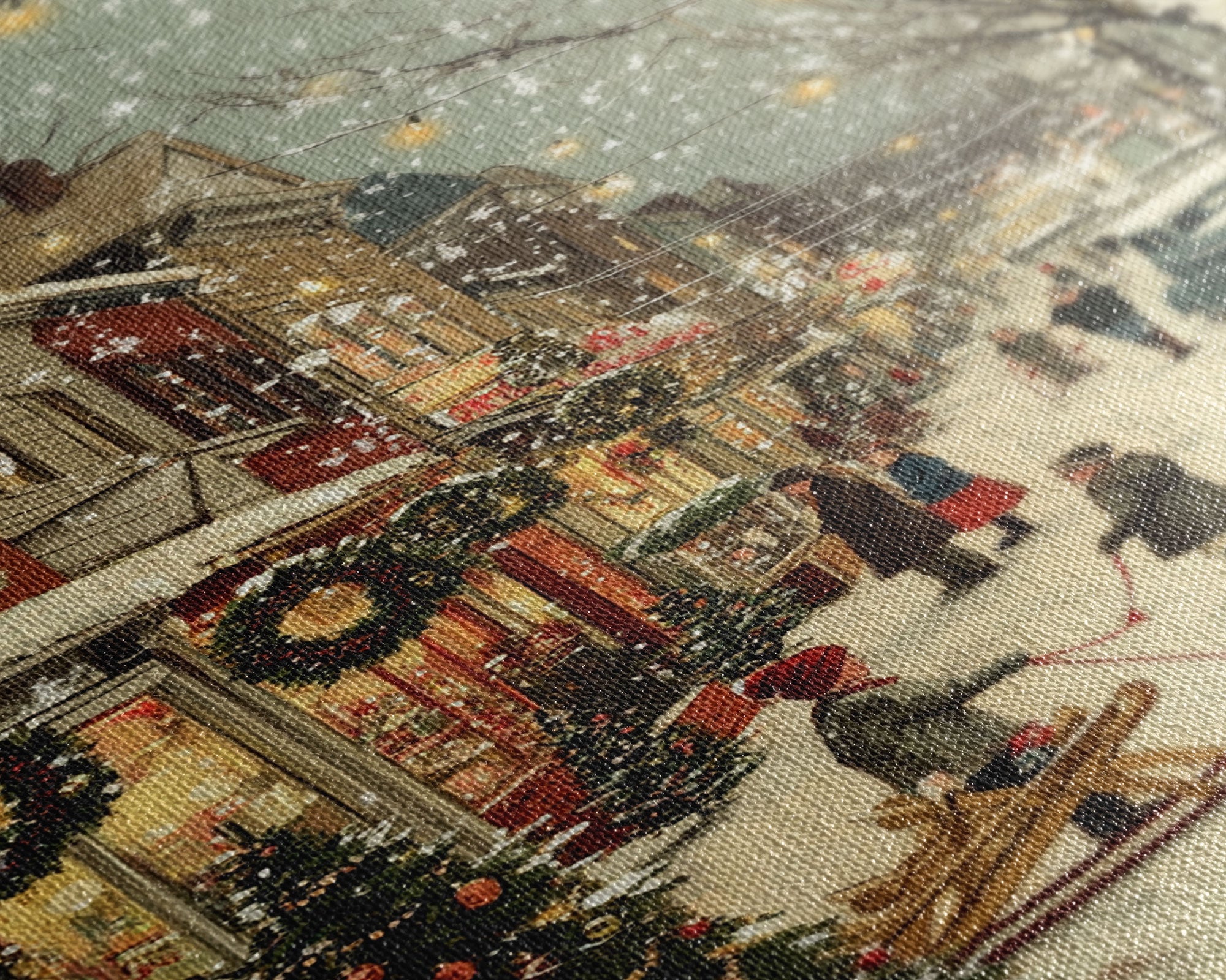Vintage Christmas Town Scene with Children Playing in Snow, Holiday Street Decor and Wreaths, Framed Canvas Print for Winter Wall Art