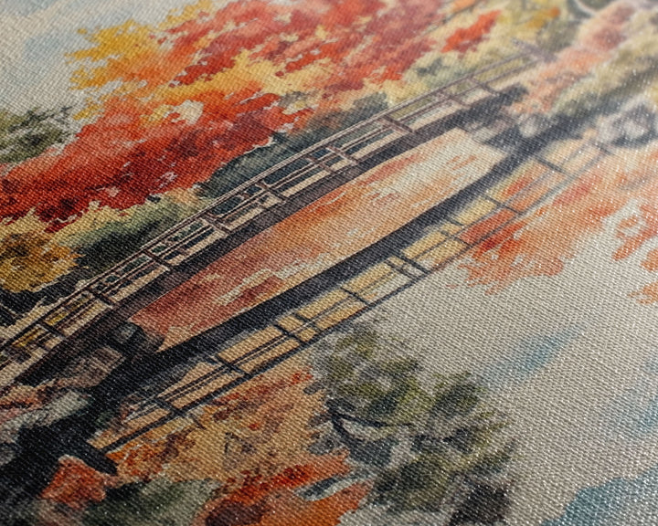 The Fall Bridge, Framed Canvas Print, Autumn Decor, Holiday / Seasonal Wall Art Gift For Her, Moody Landscape