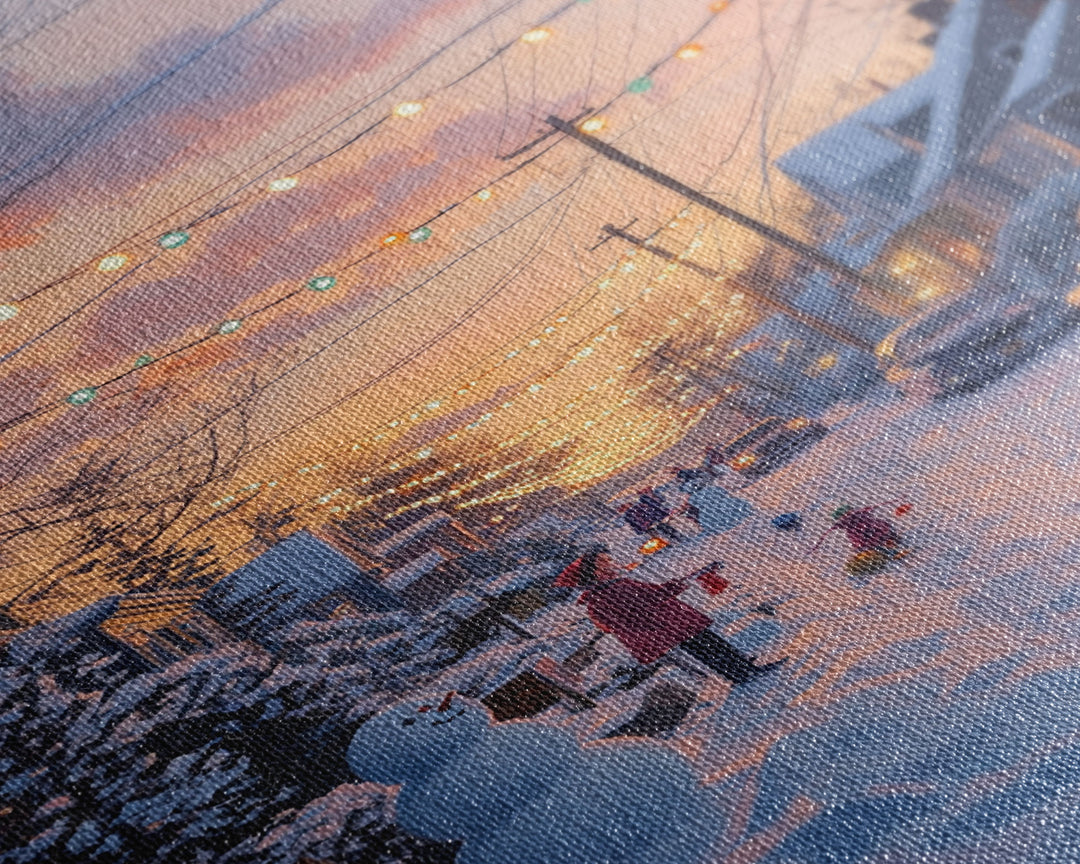 Cozy Neighborhood Christmas Evening with Snowmen and Festive Lights, Perfect for Framed Canvas Print and Holiday Wall Art