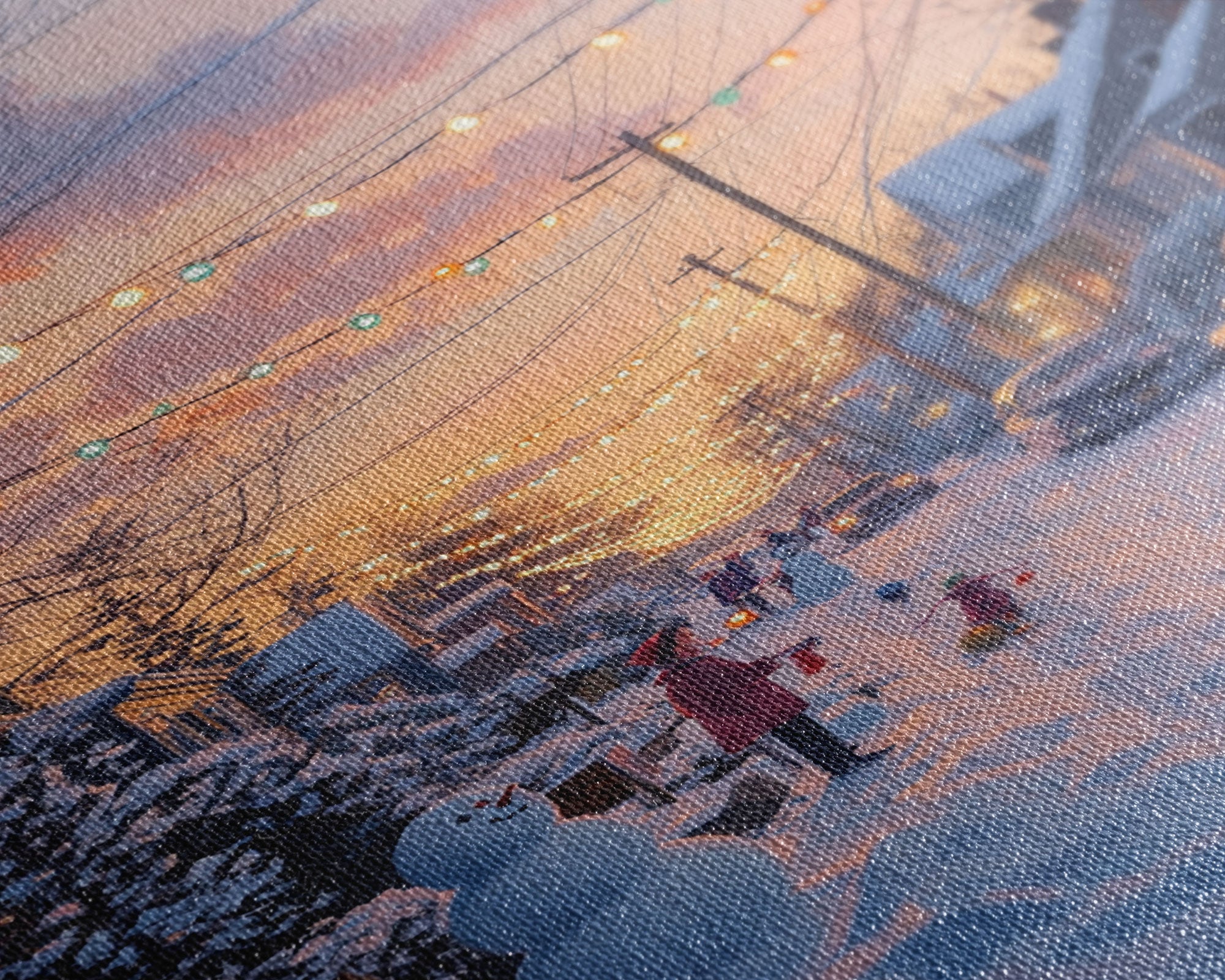 Cozy Neighborhood Christmas Evening with Snowmen and Festive Lights, Perfect for Framed Canvas Print and Holiday Wall Art