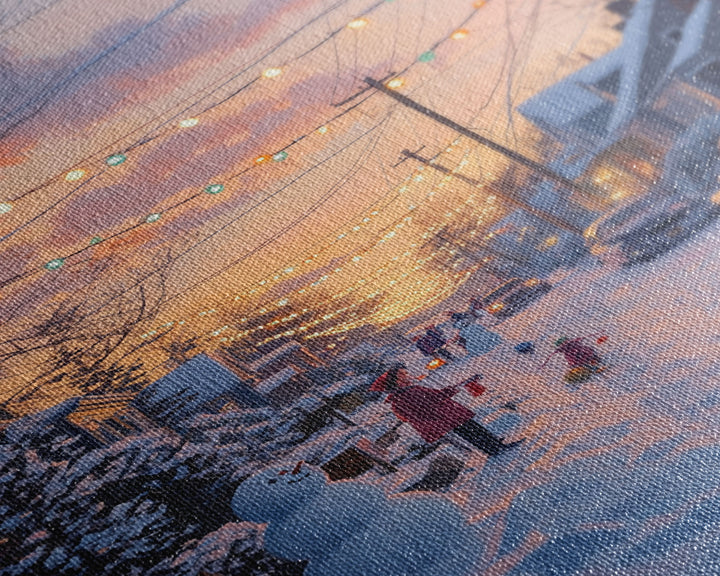 Cozy Neighborhood Christmas Evening with Snowmen and Festive Lights, Perfect for Framed Canvas Print and Holiday Wall Art