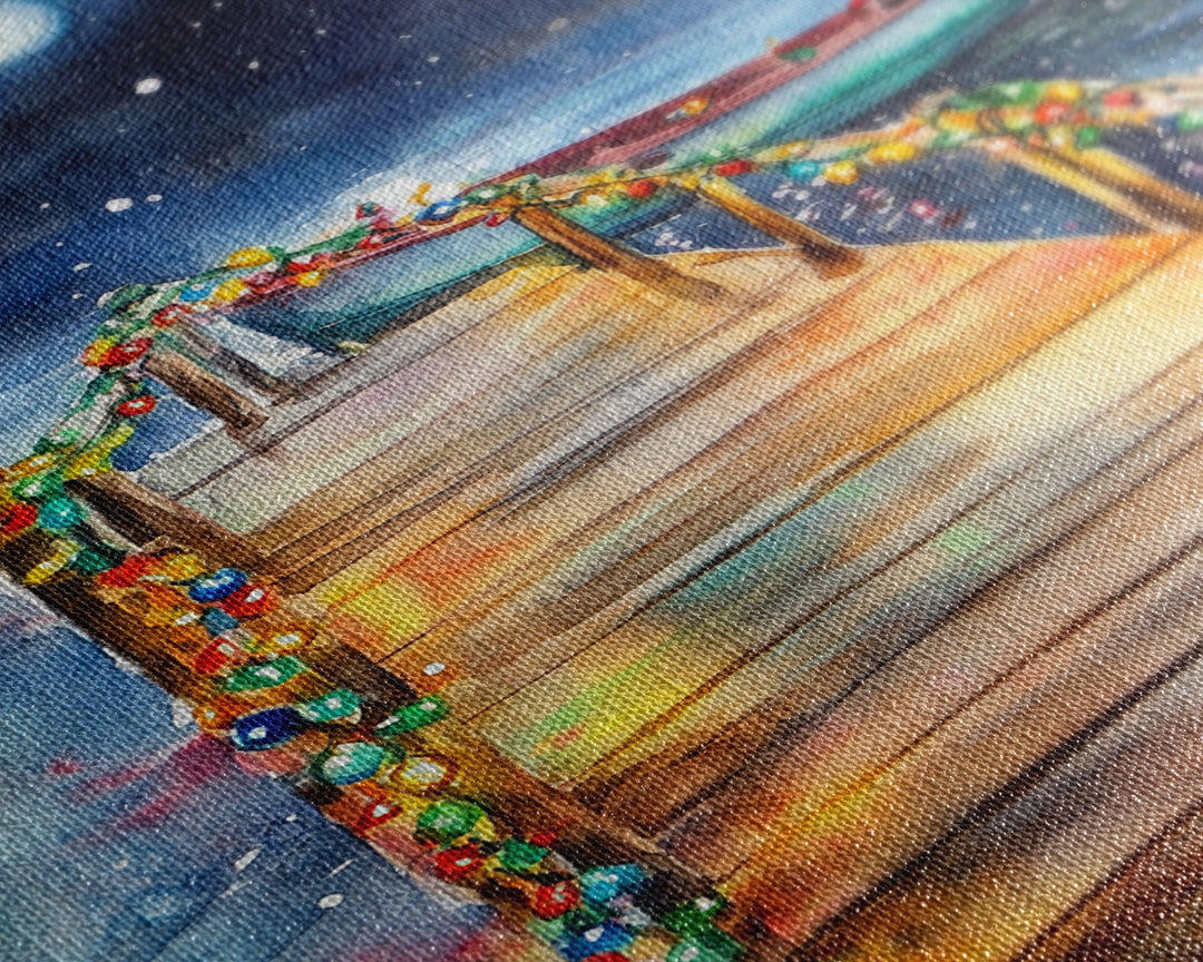 Lakeside Dock Decorated For Christmas, Nautical Christmas Wall Art Canvas Print, Farmhouse Christmas, Lake House Christmas Art