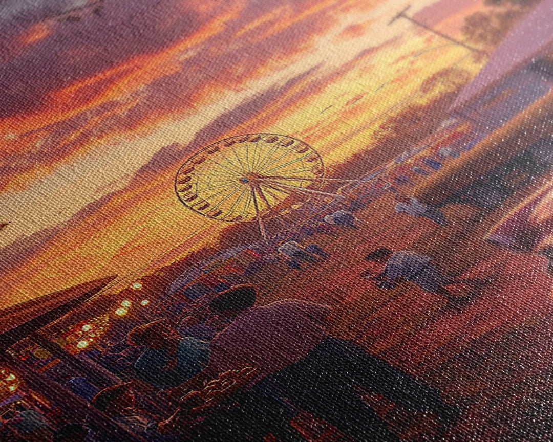 Rustic Country Fair at Sunset, Carnival Ferris Wheel and Warm Autumn Colors, Framed Canvas Print for Seasonal Home Decor