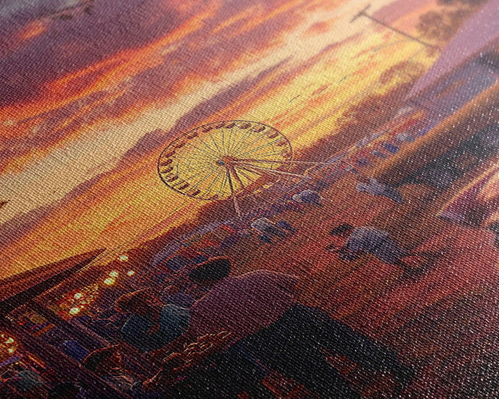 Rustic Country Fair at Sunset, Carnival Ferris Wheel and Warm Autumn Colors, Framed Canvas Print for Seasonal Home Decor