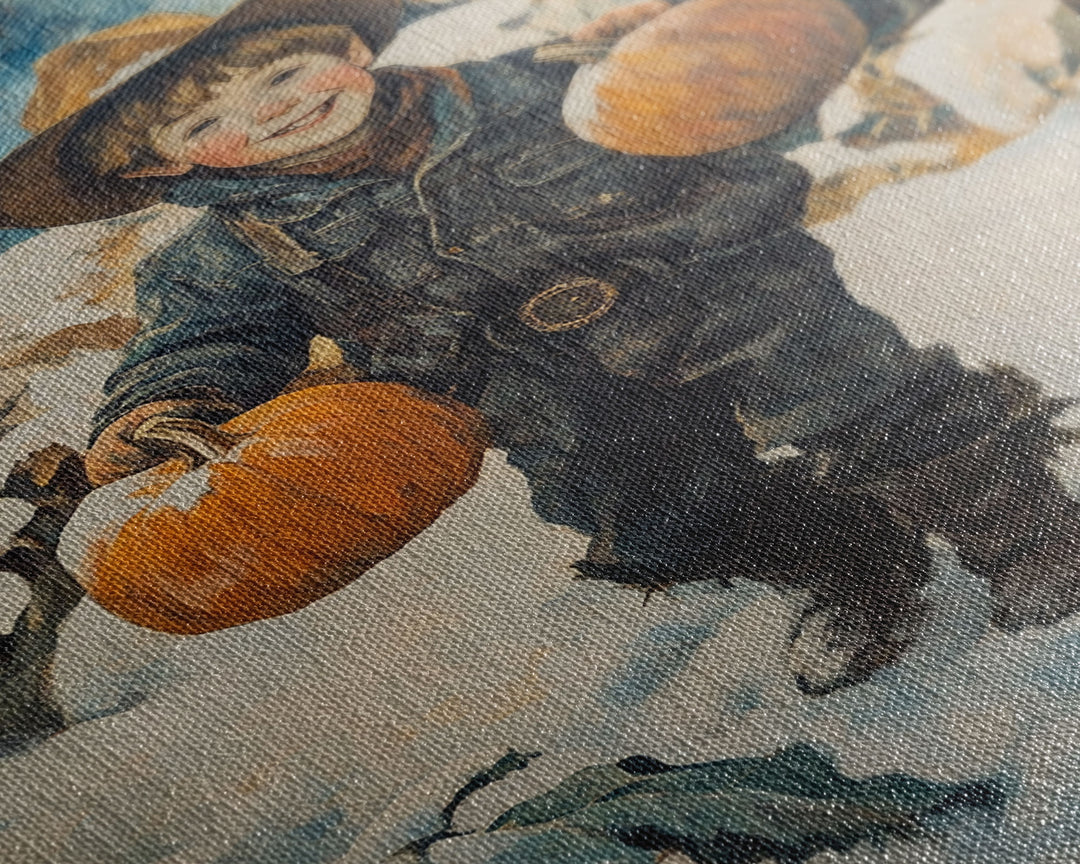 Cowboy Christmas Decor Framed Canvas Print with Pumpkin in Snow, Rustic Holiday Home Wall Art and Seasonal Gift Idea 2024