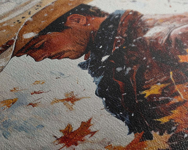 Rustic Cowboy Holiday Art Framed Canvas Print with Falling Leaves, Perfect Autumn Decor and Seasonal Gift Idea 2024