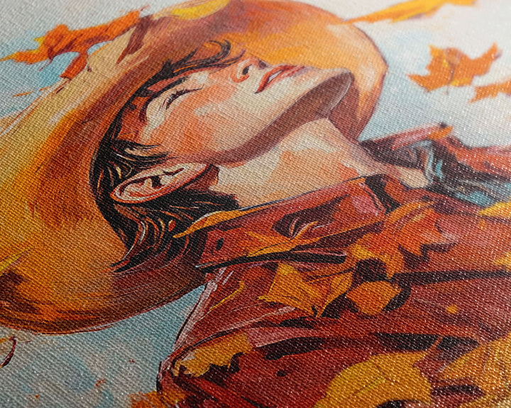 Cowboy Fall Decor Canvas Print with Windblown Leaves, Rustic Farmhouse Autumn Holiday Wall Art Seasonal Gift Idea 2024