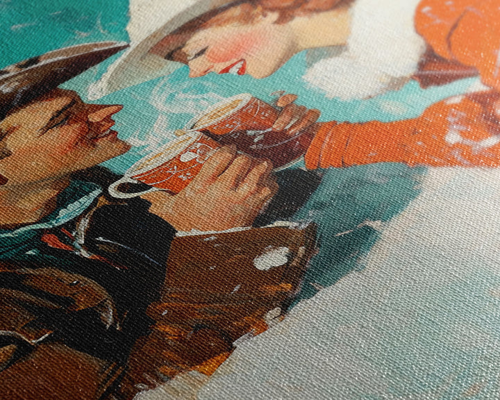 Cozy Couple Hot Cocoa Framed Canvas Print - Retro Vintage Christmas Art 2024 Christmas Decor Perfect for Holiday Wall Art