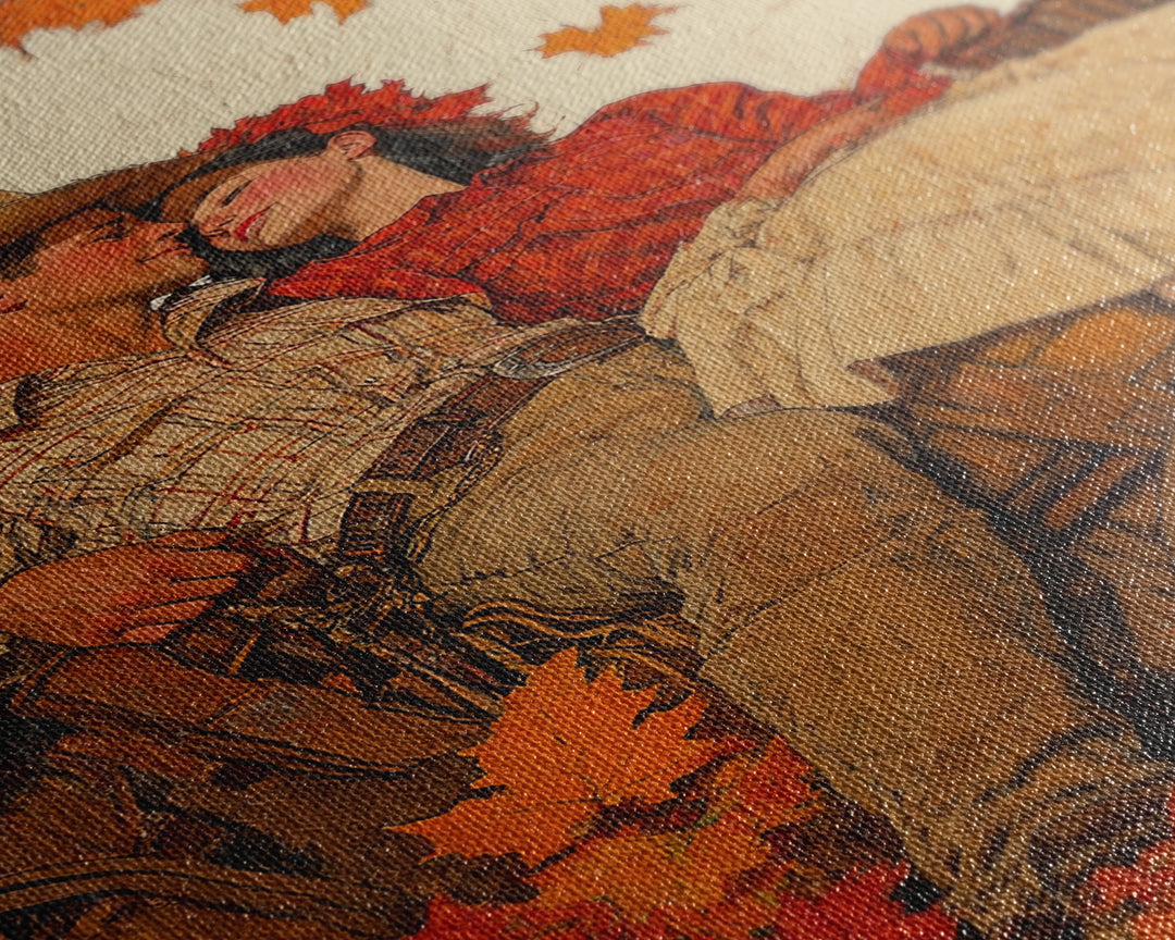 Cozy Fall Couple in Wagon Framed Canvas Print - 2024 Vintage Autumn Love Art Best Gift Idea Fall Farmhouse Wall Decor