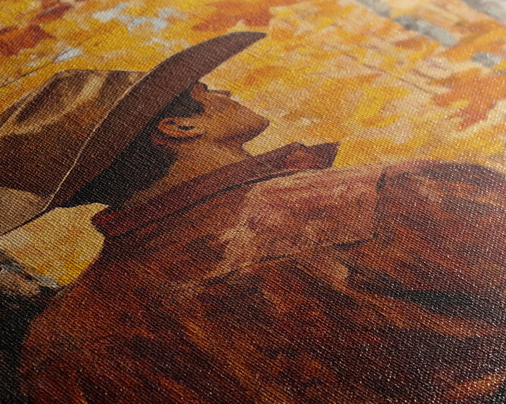 Cowboy in Autumn Forest Framed Canvas Print - Rustic Fall Wall Art Perfect Gift Idea 2024 Country Decor - Moody Landscape Art