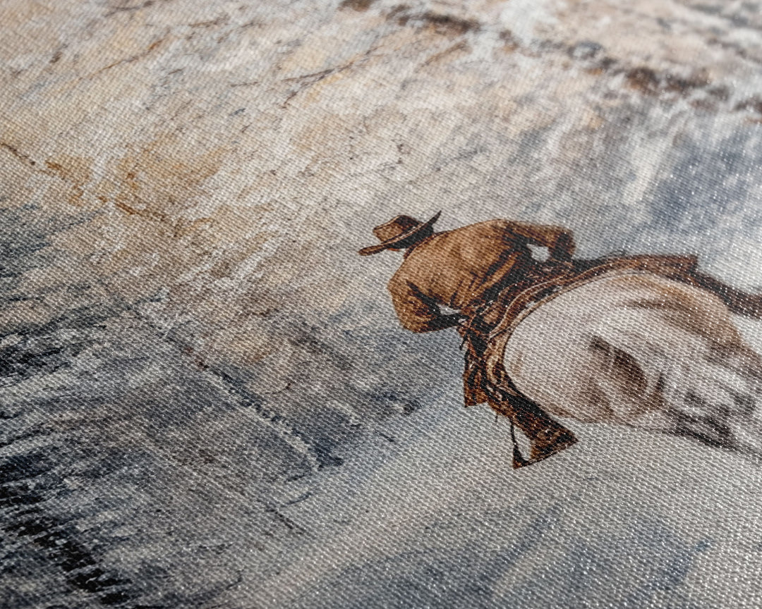 Cowboy by Window with Coffee Framed Canvas Print - Cozy Christmas Wall Art 2024 Rustic Holiday Decor and Gift Idea