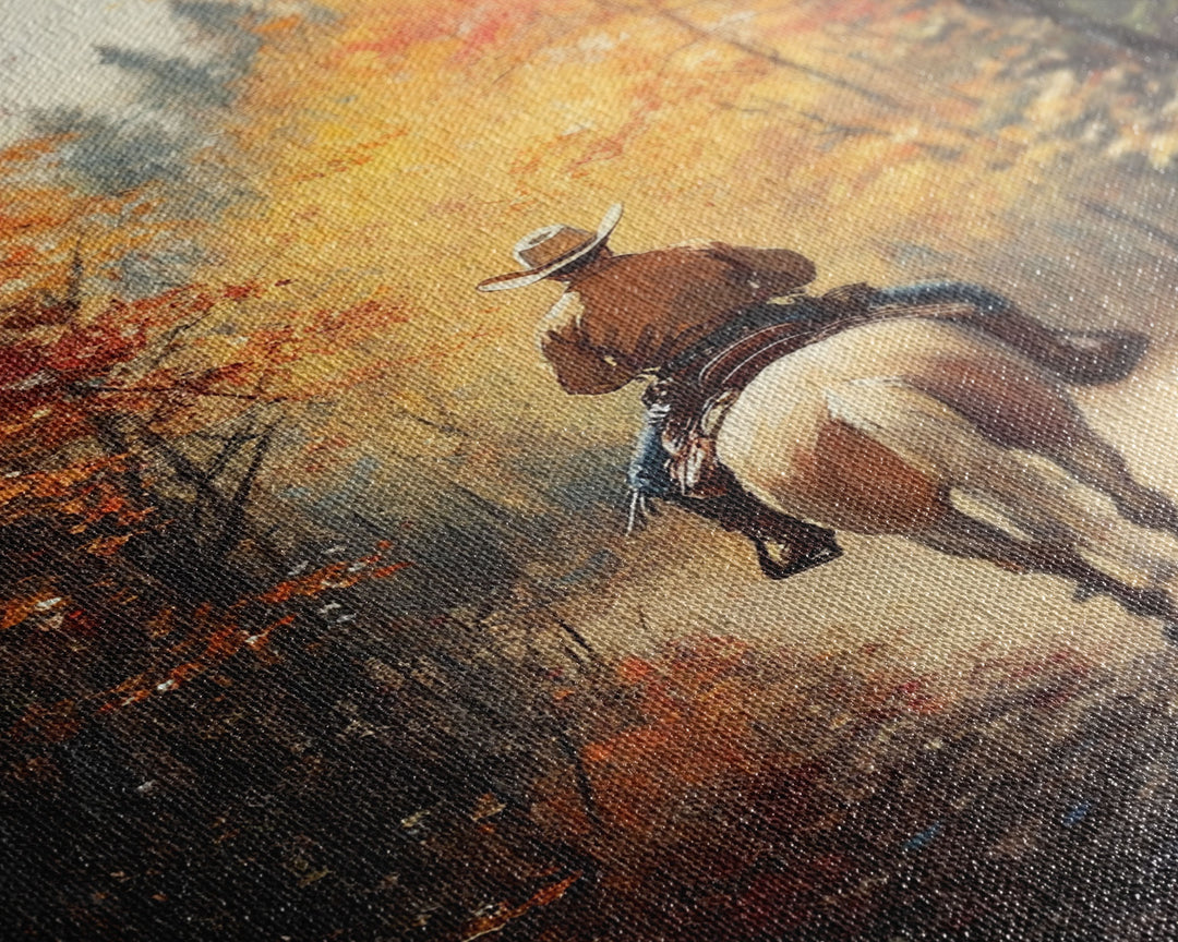 Cowboy Rider in Vibrant Autumn Forest Canvas Print Fall Season Wall Art Gallery Wall Christmas Wall Decor Vintage Cowboy Art Gift Idea