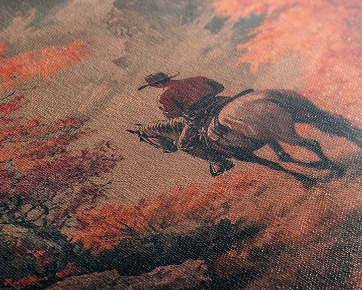 Cowboy in Forested Autumn Trail Framed Canvas Print Vintage Christmas Wall Decor Autumn Landscape Christmas Art Print Country Christmas