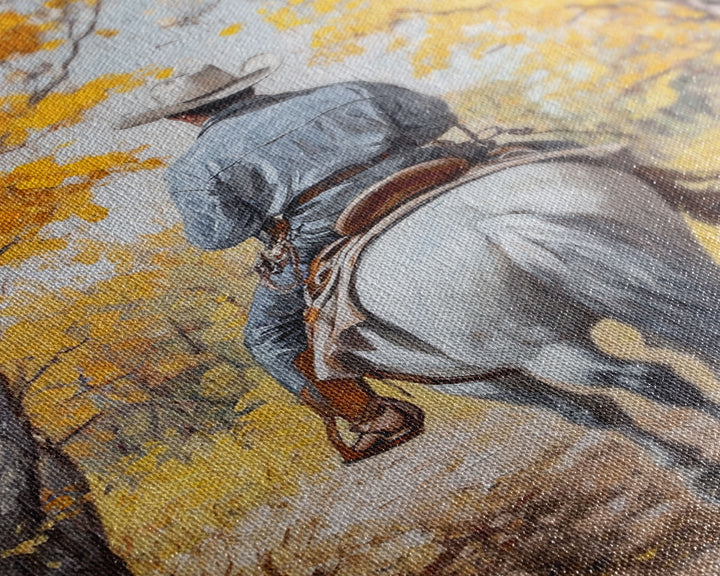 Lone Cowboy Riding Through Red Autumn Trees Framed Canvas Print Vintage Christmas Wall Art Fall Decor Winter Wonderland Seasonal Wall Art