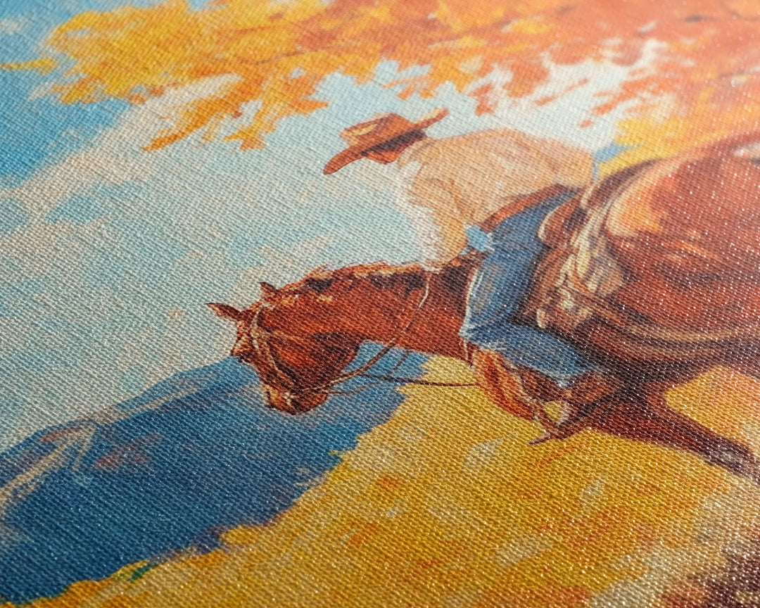 Cowboy in Colorful Autumn Trail Framed Canvas Print Country Christmas Decor Fall Wall Art Vintage Christmas Decor Gift Idea Gallery Wall Art