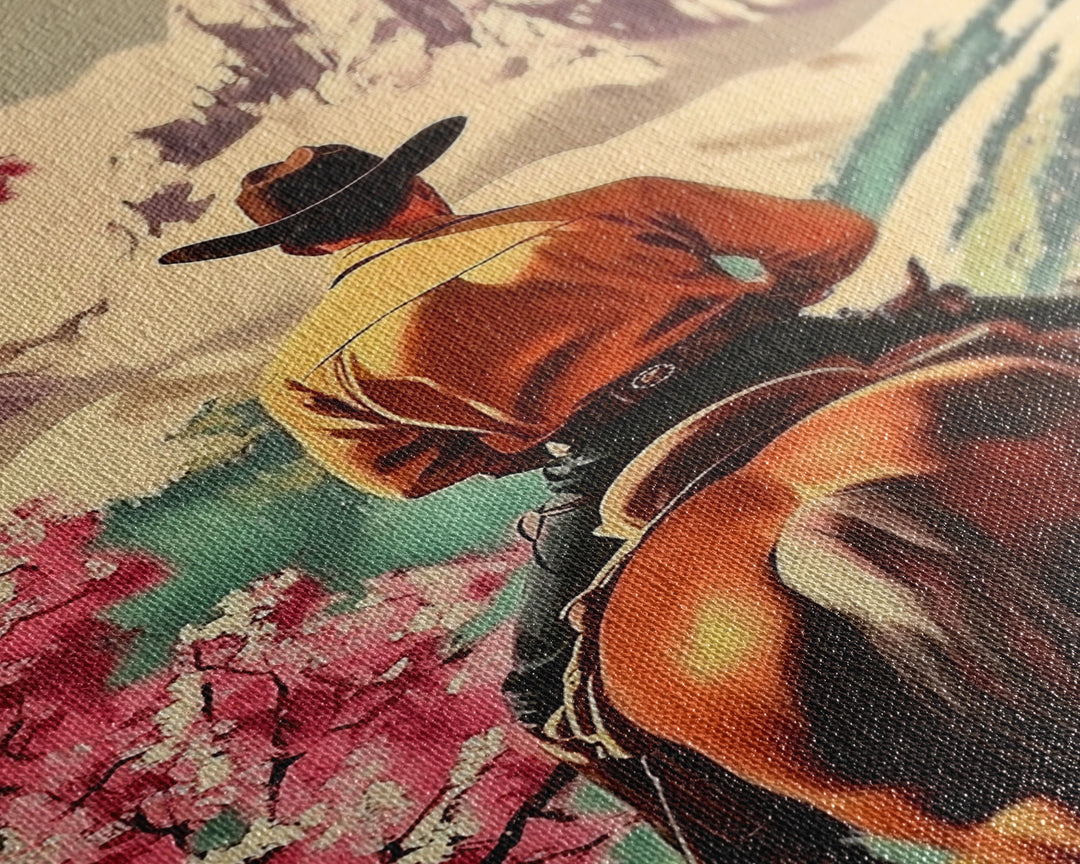 Cowboy Rider in Autumn Field with Mountains Framed Canvas Print Fall Landscape Wall Art Christmas Wall Decor Vintage Christmas Gift Idea