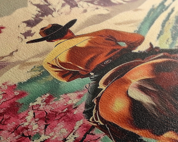 Cowboy Rider in Autumn Field with Mountains Framed Canvas Print Fall Landscape Wall Art Christmas Wall Decor Vintage Christmas Gift Idea