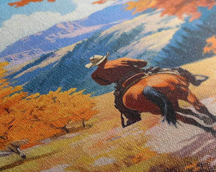 Cowboy Riding Through Autumn Mountains Framed Canvas Print Fall Landscape Art Christmas Decor Seasonal Wall Art Cowboy Christmas Gift Idea
