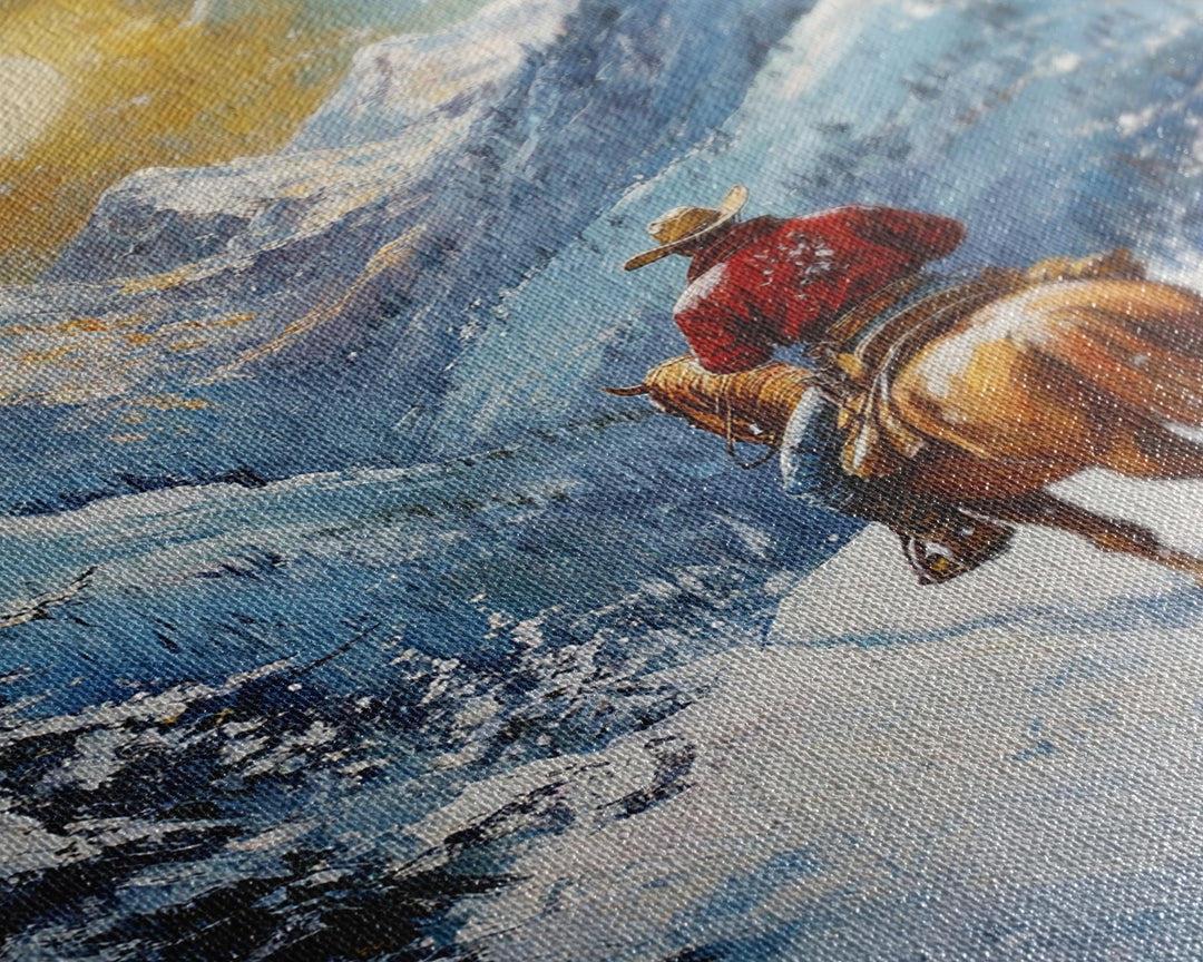 Cowboy in Winter Mountain Scene Canvas Print Christmas Wall Art Vintage Christmas Decor Winter Wonderland Gift Idea Seasonal Wall Art