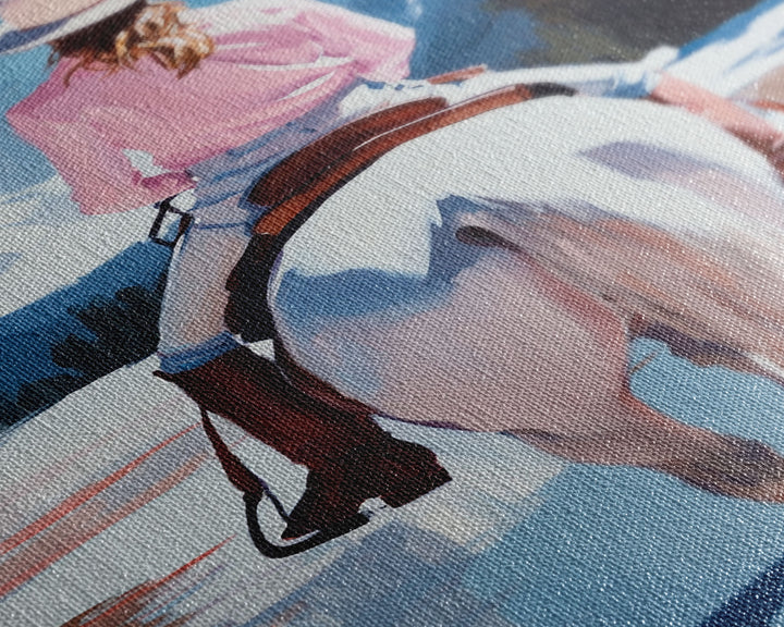 Female Cowboy Riding Through Winter Mountains Framed Canvas Print Christmas Wall Art Winter Wonderland Vintage Christmas Gift Wall Art