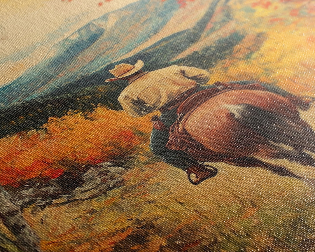 Cowboy in Autumn Landscape Canvas Print Fall Wall Art Vintage Christmas Wall Decor Country Christmas Gift Seasonal Wall Art Fall Decor