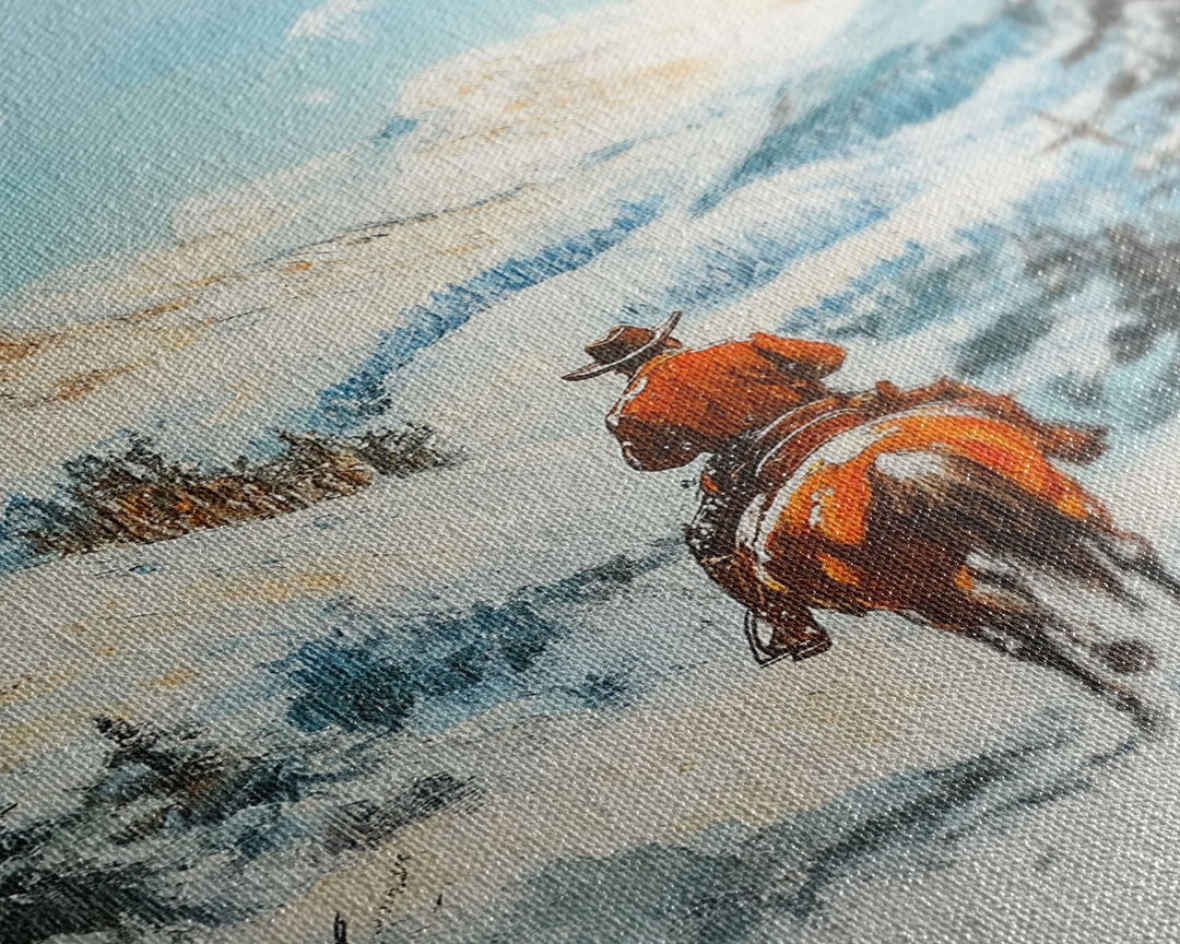 Cowboy Riding Through Snowy Mountains Framed Canvas Print Christmas Wall Art Winter Wonderland Decor Seasonal Wall Art Christmas Gift Idea