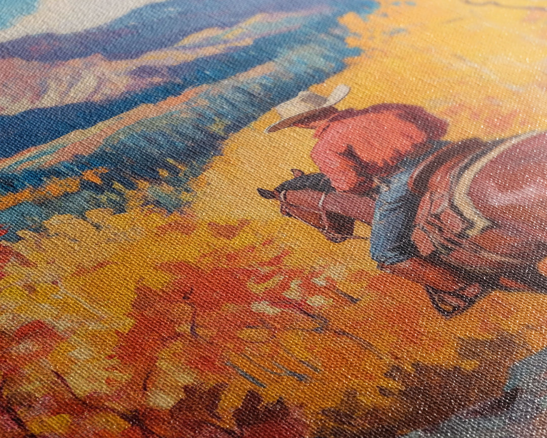 Cowboy in Snowy Mountain Valley Framed Canvas Print Christmas Wall Art Winter Wonderland Vintage Christmas Decor Gift Idea Moody Landscape