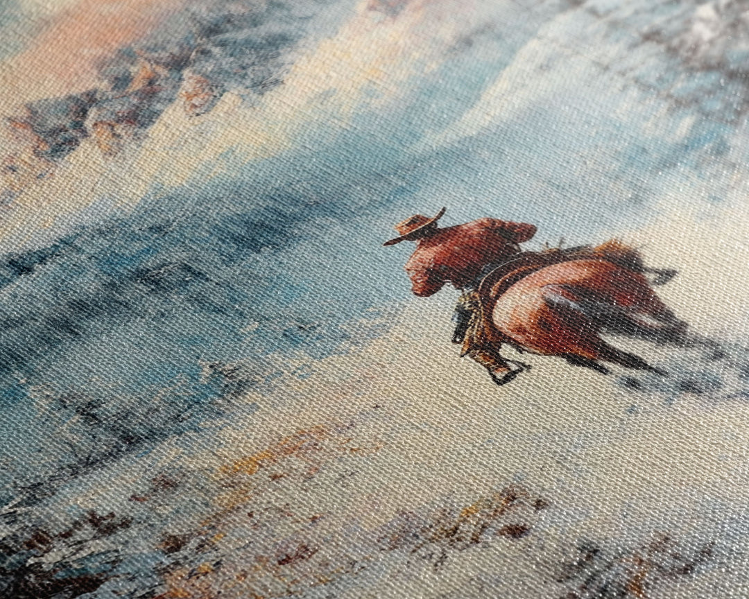 Cowboy in Winter Mountains Framed Canvas Print Christmas Wall Art Winter Wonderland Decor Vintage Christmas Gift Idea Moody Landscape Art