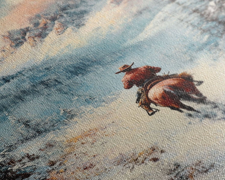 Cowboy in Winter Mountains Framed Canvas Print Christmas Wall Art Winter Wonderland Decor Vintage Christmas Gift Idea Moody Landscape Art