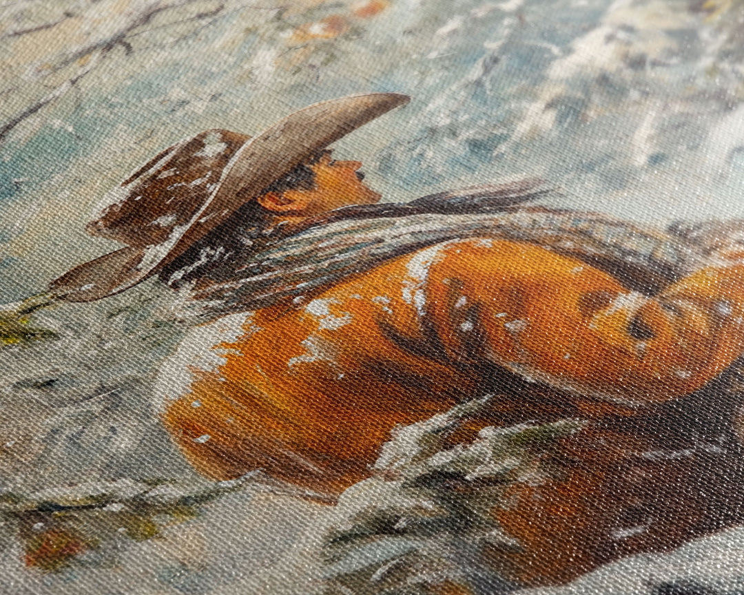 Cowboy in Snowy Orchard Canvas Print with Frosty, Christmas Wall Art Gift, Seasonal Decor, Winter Wonderland, Holiday Decor, Canvas Print