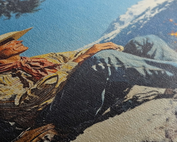 Cowboy Resting by the Fire Canvas Print, Winter Mountain Scene, Seasonal Wall Art, Rustic Western Decor, Holiday Gift, Framed Canvas Print