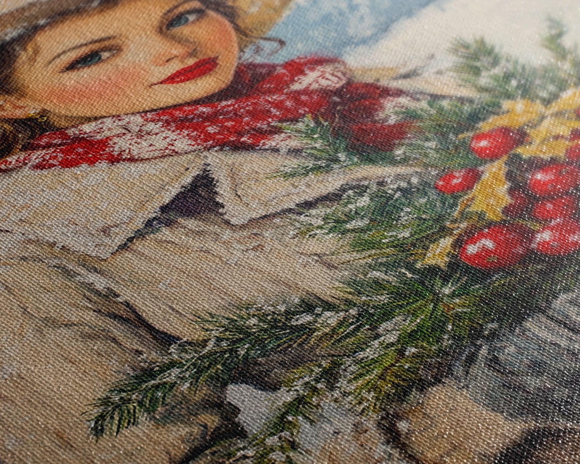 Cozy Christmas framed canvas print woman carrying holiday greenery in snowy winter scene perfect for vintage Christmas home decor