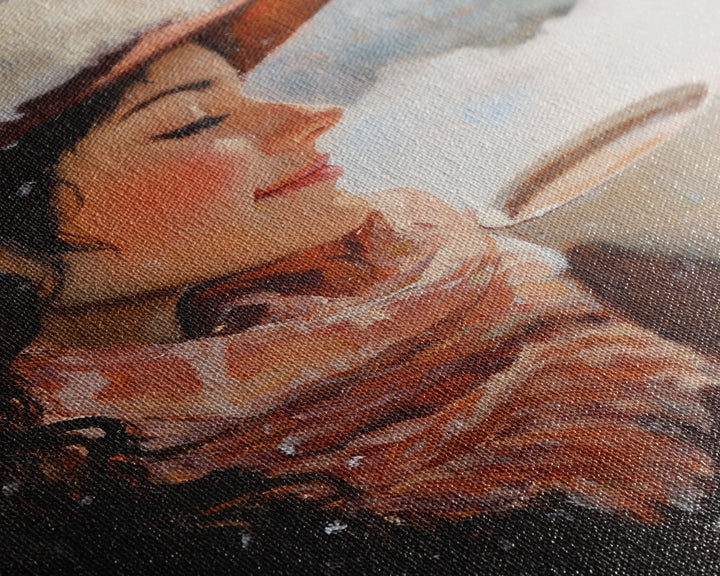 Framed canvas print of a peaceful winter scene with a woman a hot chocolate perfect for holiday gift idea or rustic Christmas wall art decor