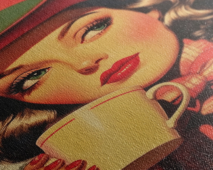 Retro Christmas holiday art framed canvas print a stylish woman with coffee holiday wall art perfect for vintage Christmas home decor