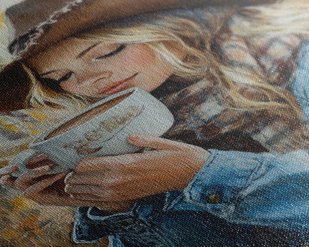 Fall-themed farmhouse framed canvas print a woman with coffee amidst autumn leaves ideal harvest home decor or seasonal wall art gift idea