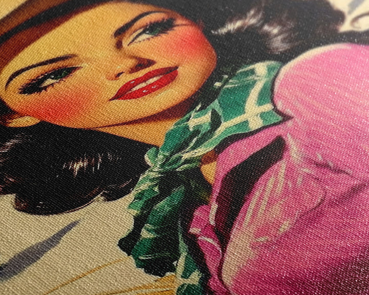 Retro Christmas framed canvas print festive cowgirl in a snowy landscape perfect holiday wall art or vintage Christmas home decor gift idea