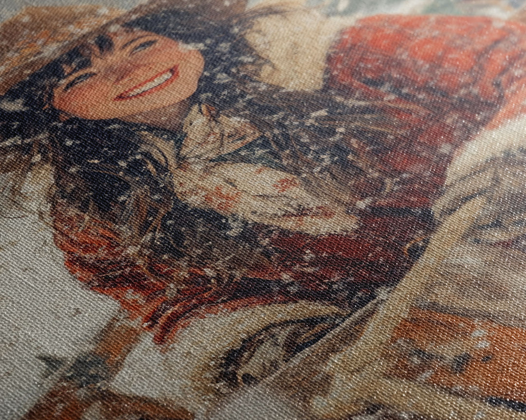 Country Christmas framed canvas print cheerful woman enjoying a snowy ride perfect seasonal wall art or vintage holiday home decor idea