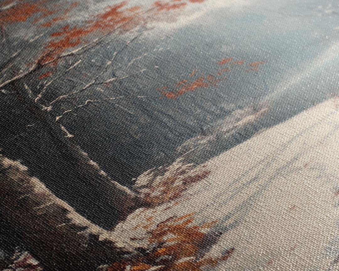 Framed Canvas Print of a Snowy Path with Trees and Red Leaves, Winter Wall Art, Moody Landscape, Best Gift Idea, Modern Christmas Decor