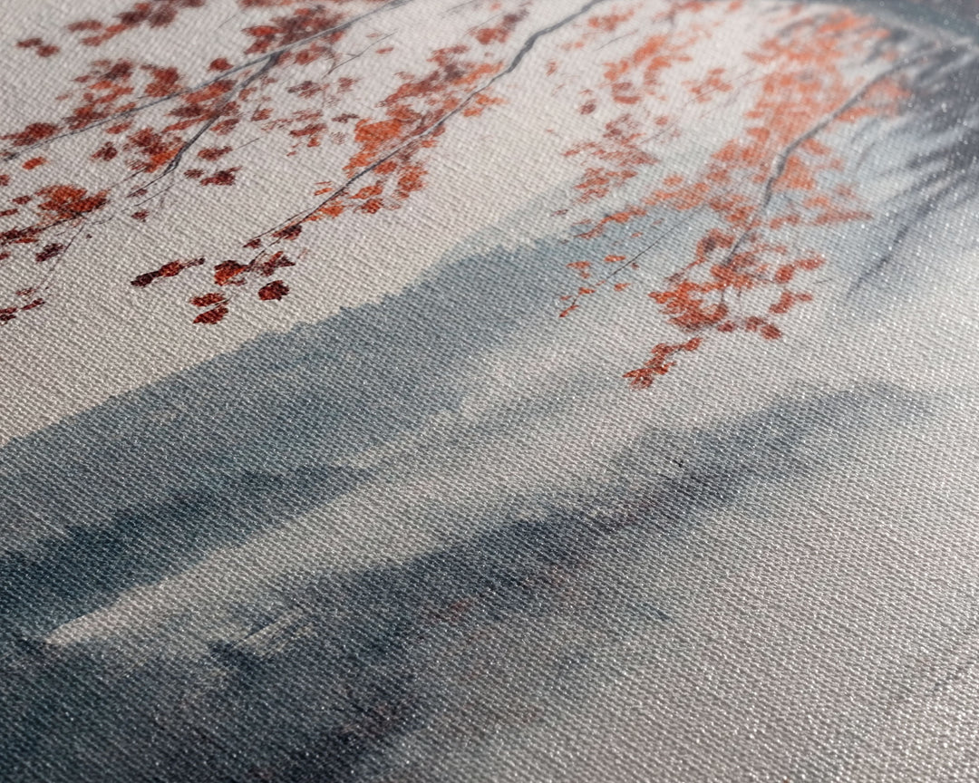 Canvas Print of Snowy Mountain Trees Red Leaves, Winter Wonderland Wall Art, Best Gift Idea, Moody Landscape, Rustic Christmas Decor