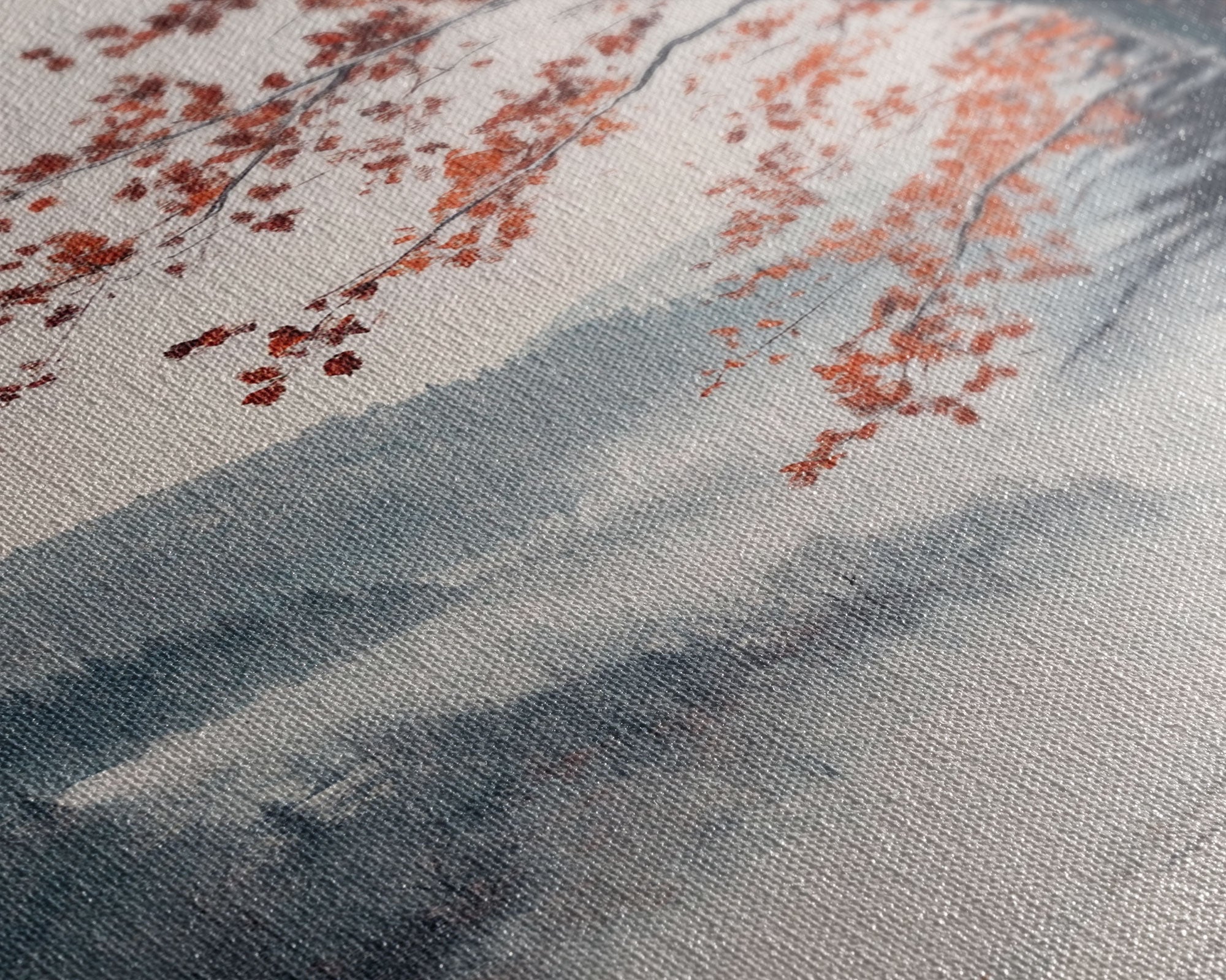 Canvas Print of Snowy Mountain Trees Red Leaves, Winter Wonderland Wall Art, Best Gift Idea, Moody Landscape, Rustic Christmas Decor