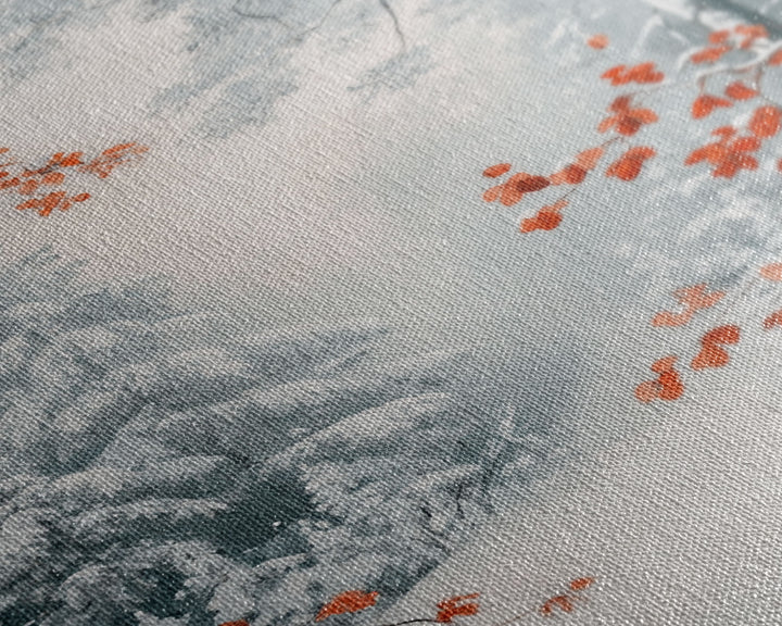 Canvas Print of Winter Wonderland with Red Leaves in Snow, Winter Wall Art, Best Gift Idea, Moody Landscape, Christmas Home Decor
