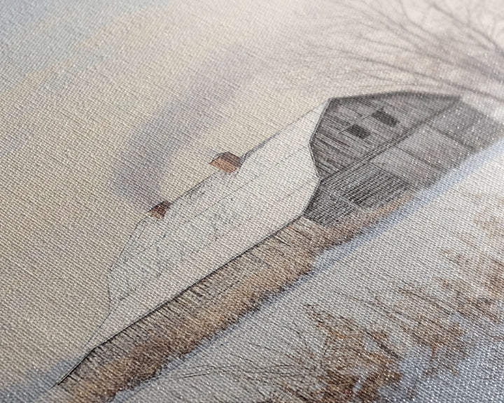 Winter Barn In Snow Framed Canvas Print Wall Art Rustic Winter Decor, Cozy Christmas Home Art, Winter Wonderland Wall Art